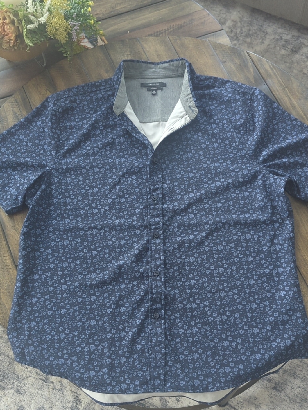 Tahari Navy Micro Floral Short-Sleeve Button-Down Shirt